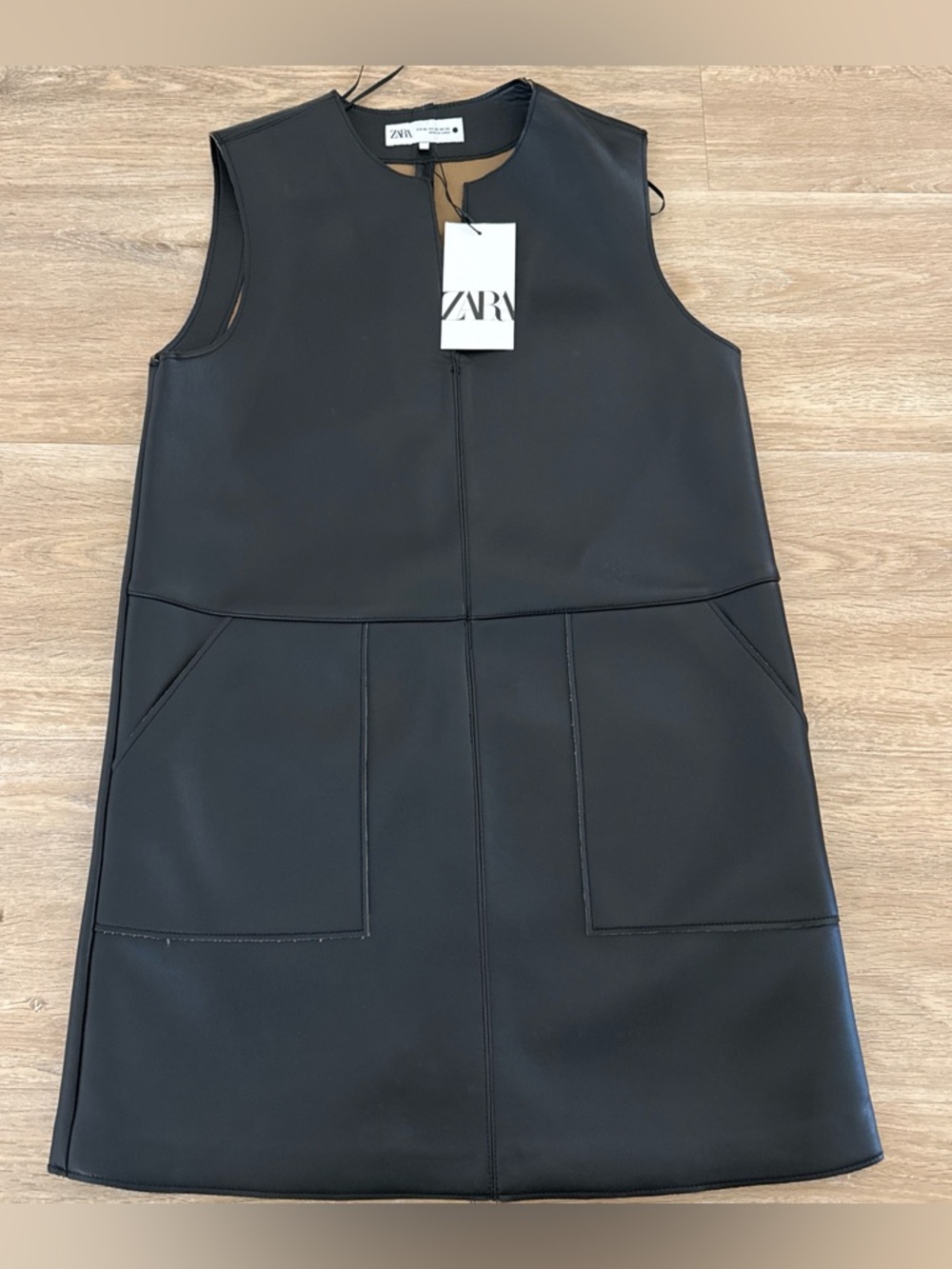 NWT Zara Black Sleeveless Faux Leather A-Line Dress with Front Pockets XS